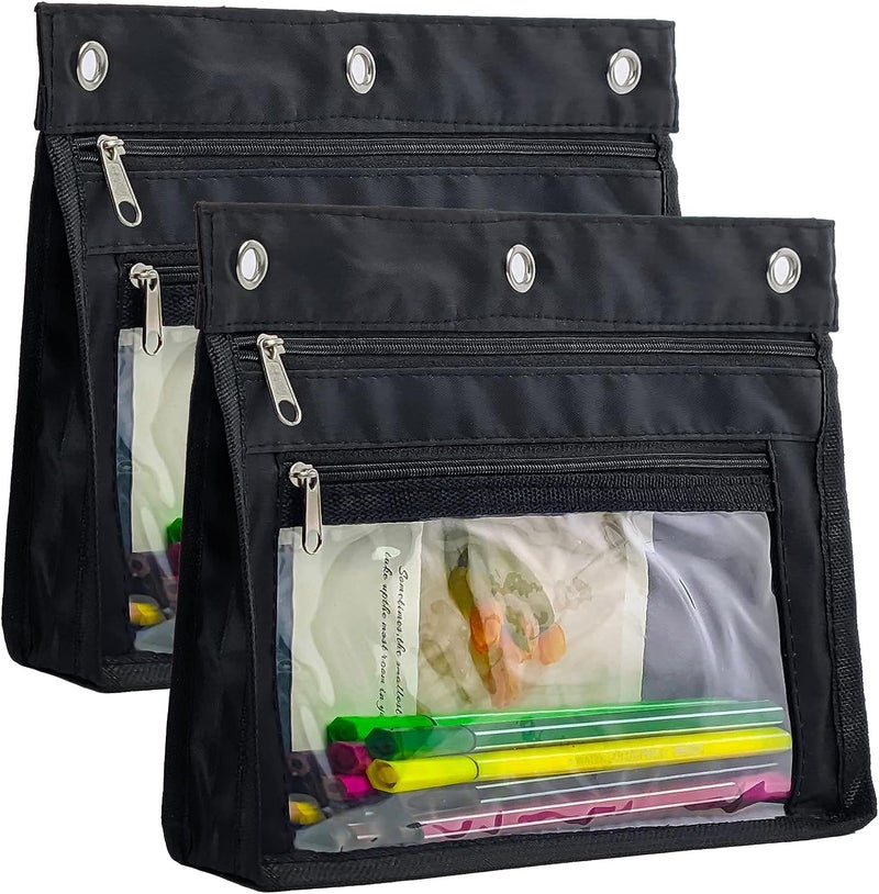 YoeeJob 1inch Expandable Pencil Pouch for 3 Ring Binder  2 Pack Large Capacity Pencil Pouch with Zipper  Three Ring Clear Binder Pencil Case Suitable for School and Office(Black)